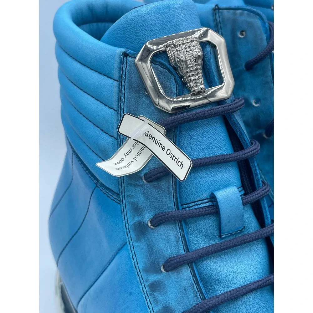 Belvedere Toro Men's Ostrich and Calfskin Leather High Top Sneakers Blue E15 12